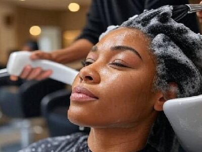 Black Woman getting hair relaxed with chemical - via Grok AI