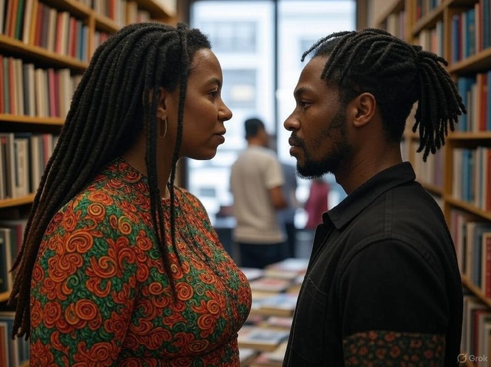 Black couple in book store - via Grok AI