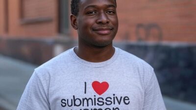 Black man wearing I (Heart) Submissive Women T-shirt) / via Grok AI