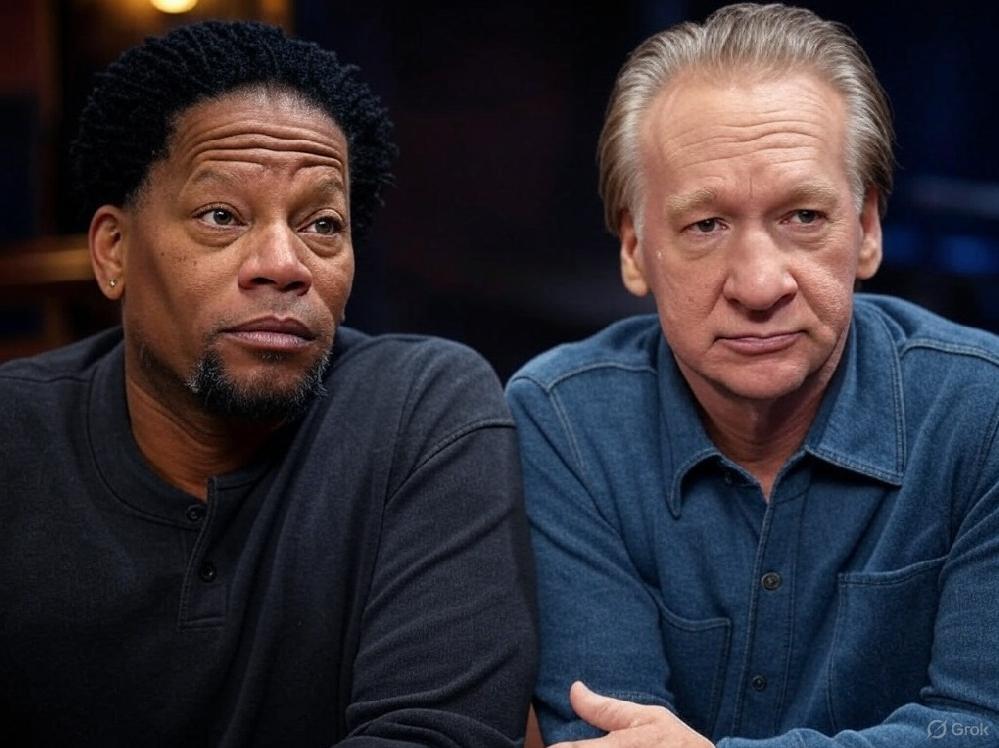 D.L. Hughley Slams Bill Maher Over White House, Wokeness // DL Hughley and Bill Maher - via Grok AI