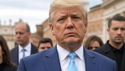 Donald Trump in blue suit at Pope Francis funeral - Grok AI