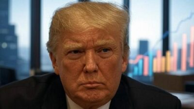Donald Trump (with stock market symbols in bgrd) - via Grok AI