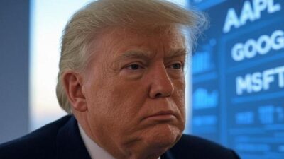 Donald Trump (with stock market symbols in bgrd) - via Grok AI