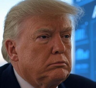 Donald Trump (with stock market symbols in bgrd) - via Grok AI
