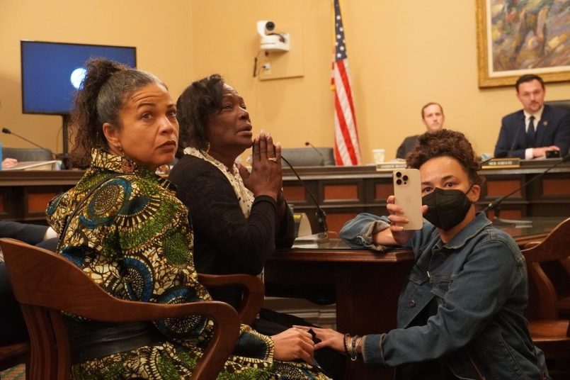 Left to right,&nbsp;Melina Abdullah, Lisa Hines, mother of Wakiesha Wilson and BLM Los Angeles organizer Sheila Bates - Pic Antonio Ray Harvey