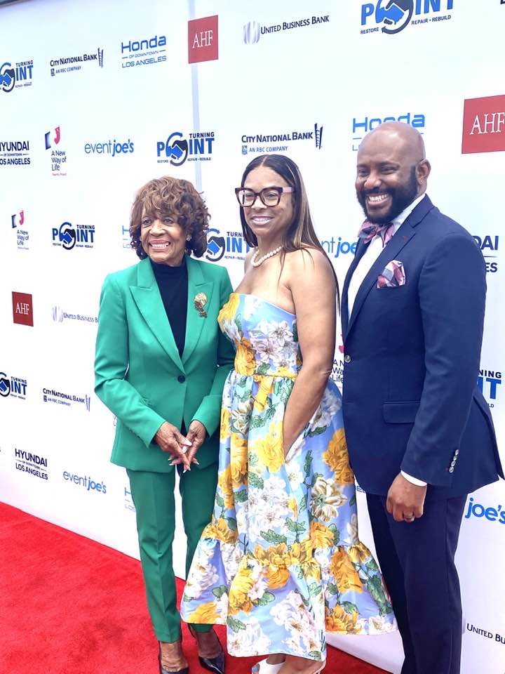 Turning Point AOD Honors Leaders at Spring 2025 Luncheon // (l-r) Congresswoman Maxine Waters, Michelle Perkins (Founder and CEO of Turning Point AOD), and Assemblymember Mike Gipson.