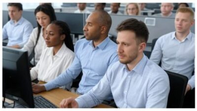 diverse group of individuals in a classroom or training room