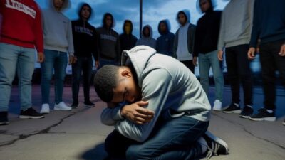 African American male teen on the ground cowering in fear - via EURai