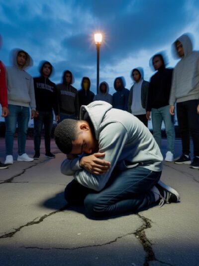 African American male teen on the ground cowering in fear - via EURai