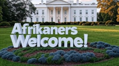 'Afrikaners Welcome!' sign in front of the White House