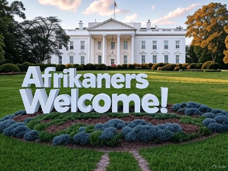 'Afrikaners Welcome!' sign in front of the White House