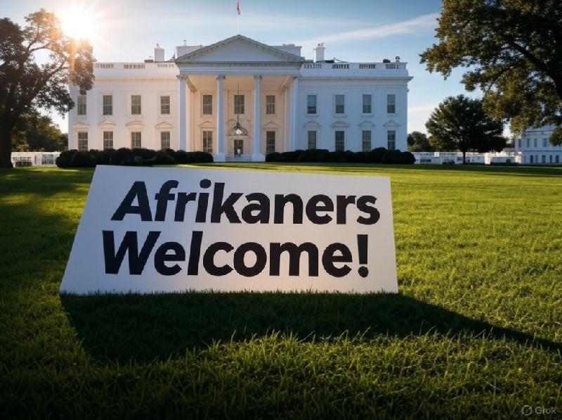Trump’s Afrikaner Refugee Policy Sparks Racial Bias Debate // Afrikaners Welcome sign in front of the White House - via Grok AI