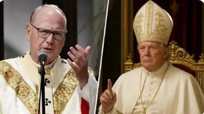 Cardinal Dolan (screenshot) and Trump as Pope (via AI)