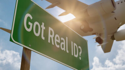 Got Real ID? Green Road Sign with Low Flying Airplane
