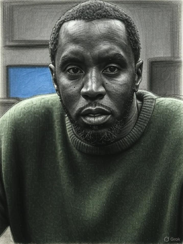 Diddy Denied Bail After Split Verdict in Federal Trial // Diddy Trial - Diddy wearing green sweater - via Grok AI