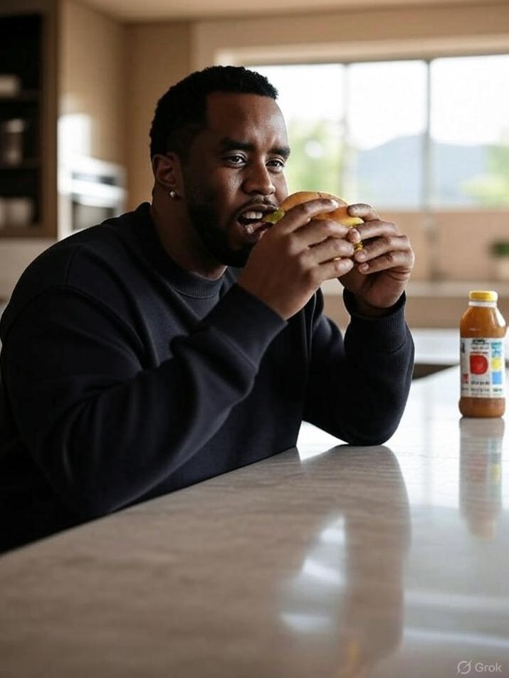 Diddy&rsquo;s Cheeseburger Habit Raises Eyebrows in Court // Diddy eating a cheeseburger / via Grok AI