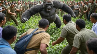 Gorilla fighting 100 humans - via Grok AI