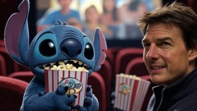 Stitch and Tom Cruise eating popcorn in movie theater - via Grok AI