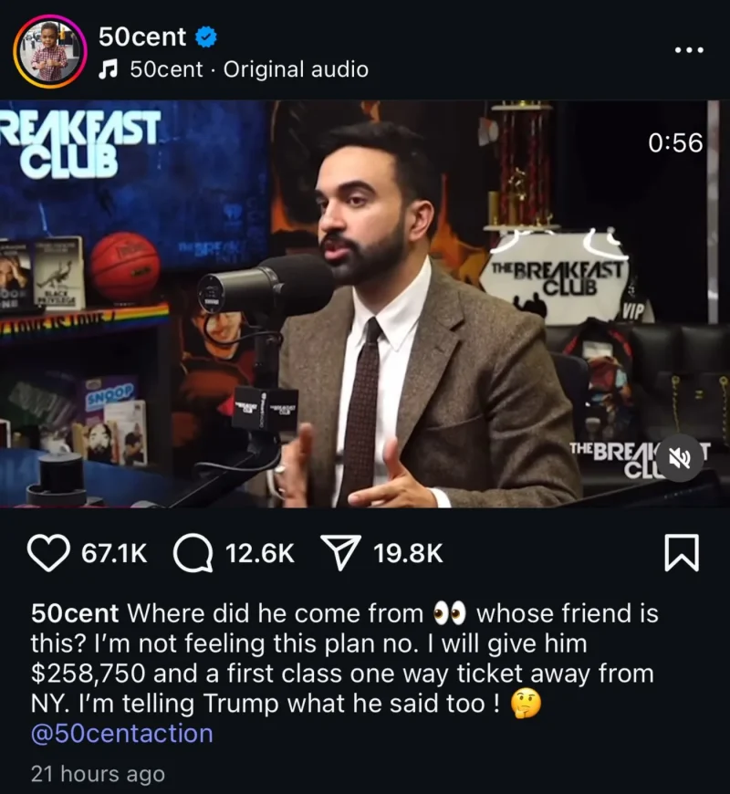 50 Cent Blasts Zohran Mamdani // Screenshot of 50 Cent Instagram post on Zohran Mamdani / Source: Complex per 50 Cent's Instagram