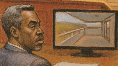 Sean 'Diddy' Combs watches video monitor at his trial - via EURai