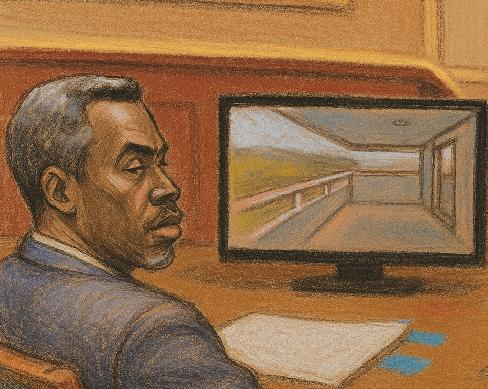 Sean 'Diddy' Combs watches video monitor at his trial - via EURai
