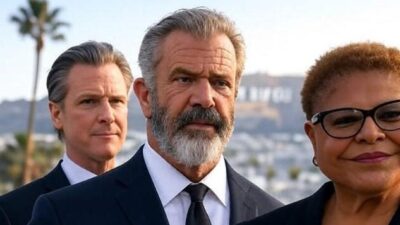 Gavin Newsom Mel Gibson Karen Bass - via Grok AI