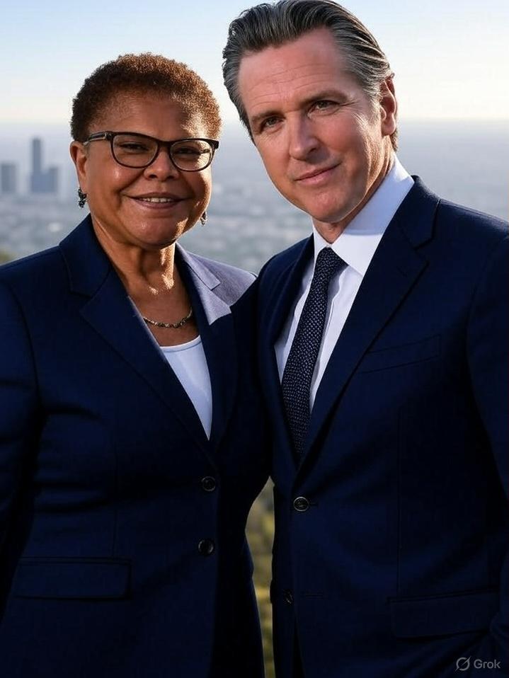 Mel Gibson Sparks Outrage Over Newsom, Bass 'Overthrow' Call   // Karen Bass and Gavin Newsom - via Grok AI