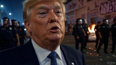 Trump surrounded by chaos in LA - AI depiction via Grok