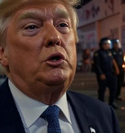 Trump surrounded by chaos in LA - AI depiction via Grok