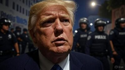 Trump surrounded by chaos in LA - AI depiction via Grok