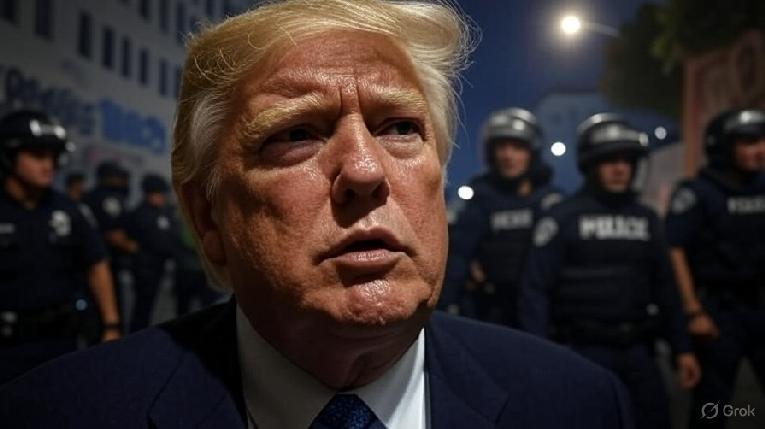 Trump&rsquo;s Chaos in LA Highlights Shared Black/Brown Threats // Trump surrounded by chaos in LA - AI depiction via Grok