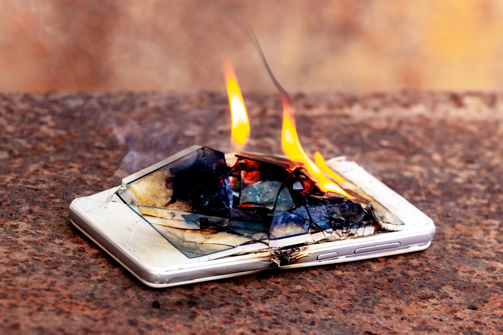 Mobile phone, smartphone, on fire.