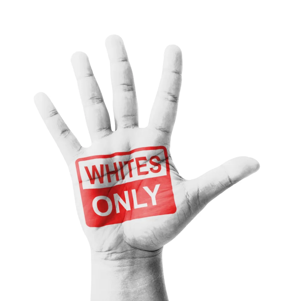 Open hand raised, Whites Only sign painted