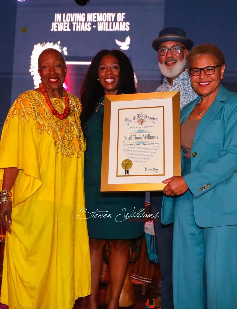 Mayor Bass (holding proclamation), Phill Wilson, Jasmine Cannick, Carol Amos