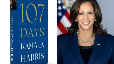 Kamala Harris and Book cover for 107 Days
