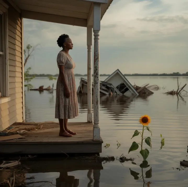 Katrina 25 Years Later (Black woman on porch of dilapidated homes surrounded by flood water) - via eurAI