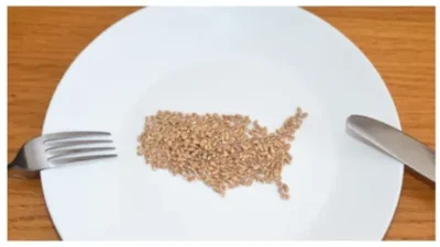Wheat on a plate laid out in the shape of a map of the United States.