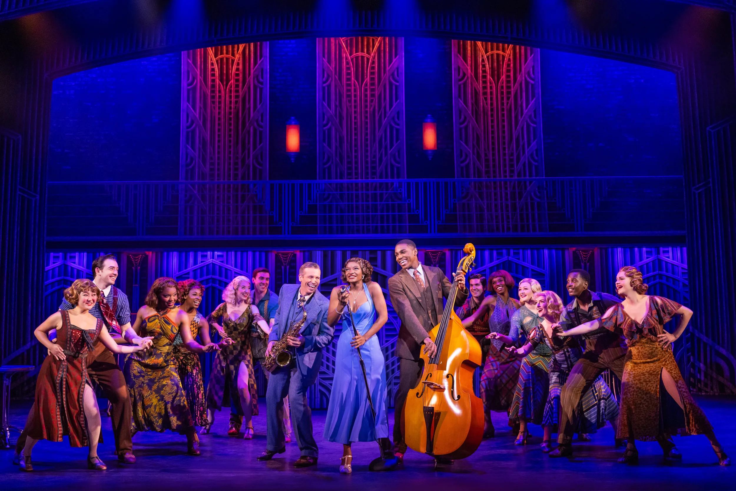 Matt Loehr (Joe), Leandra Ellis-Gaston (Sugar), Tavis Kordell (Jerry) and the First National Touring Company of SOME LIKE IT HOT. Photo by Matthew Murphy