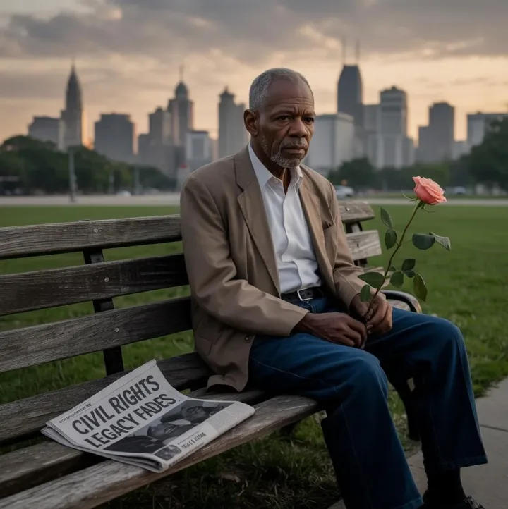 Elderly African American man sitting on a bench with a rose, lamenting The Life and Death of Civil Rights (in America) - eurAI