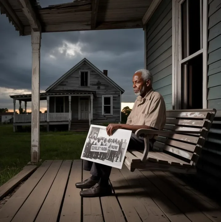 Elderly Black man on his porch lamenting The Life and Death of Civil Rights (in America) - eurAI3