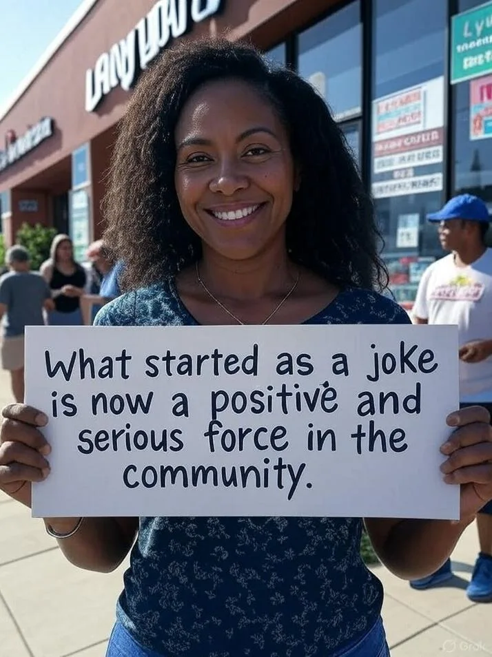 Woman with sign (What started out as a joke is now a positive and serious force in the community) - via GrokAI
