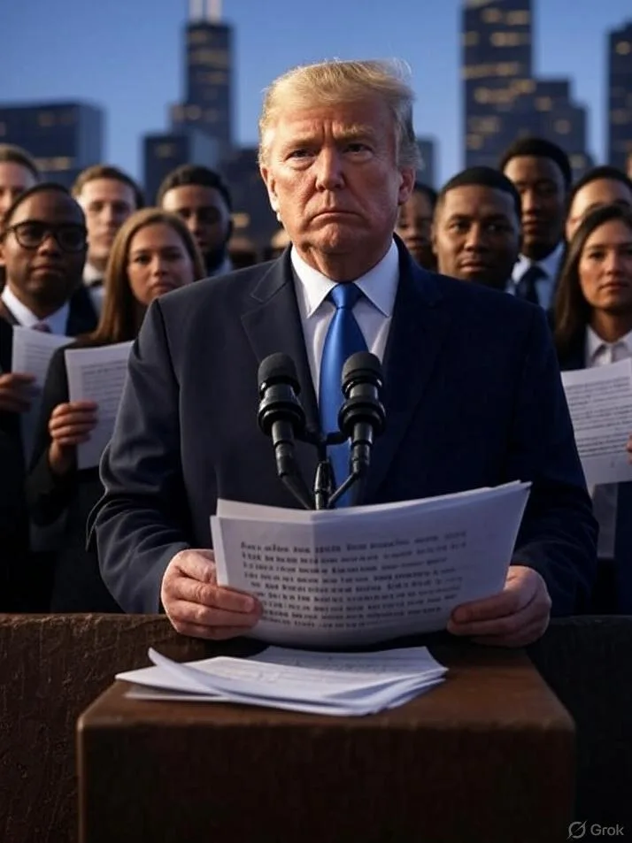 Donald Trump (Chicago skyline and people in bgrd) - via GrokAI