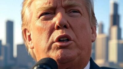 Donald Trump (Chicago skyline in bgrd) - via GrokAI