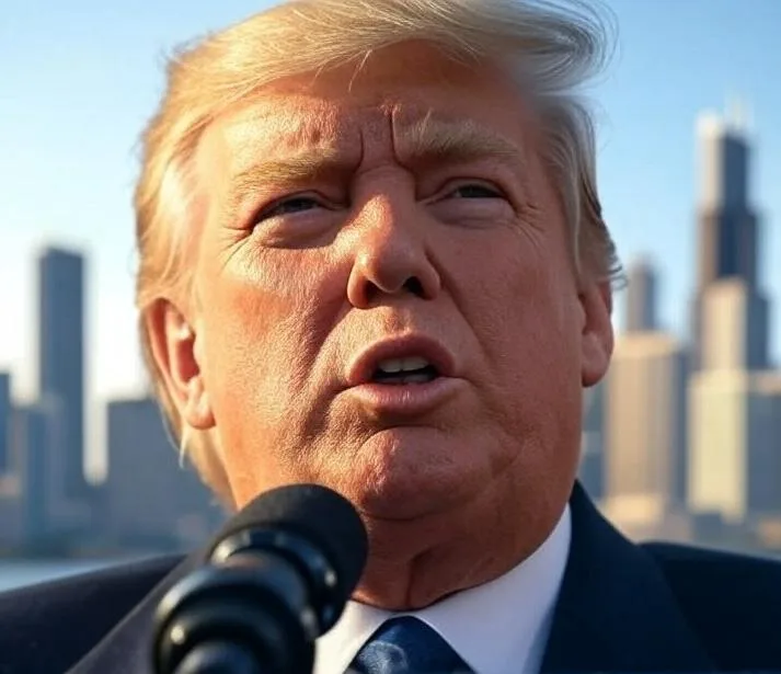 Donald Trump (Chicago skyline in bgrd) - via GrokAI
