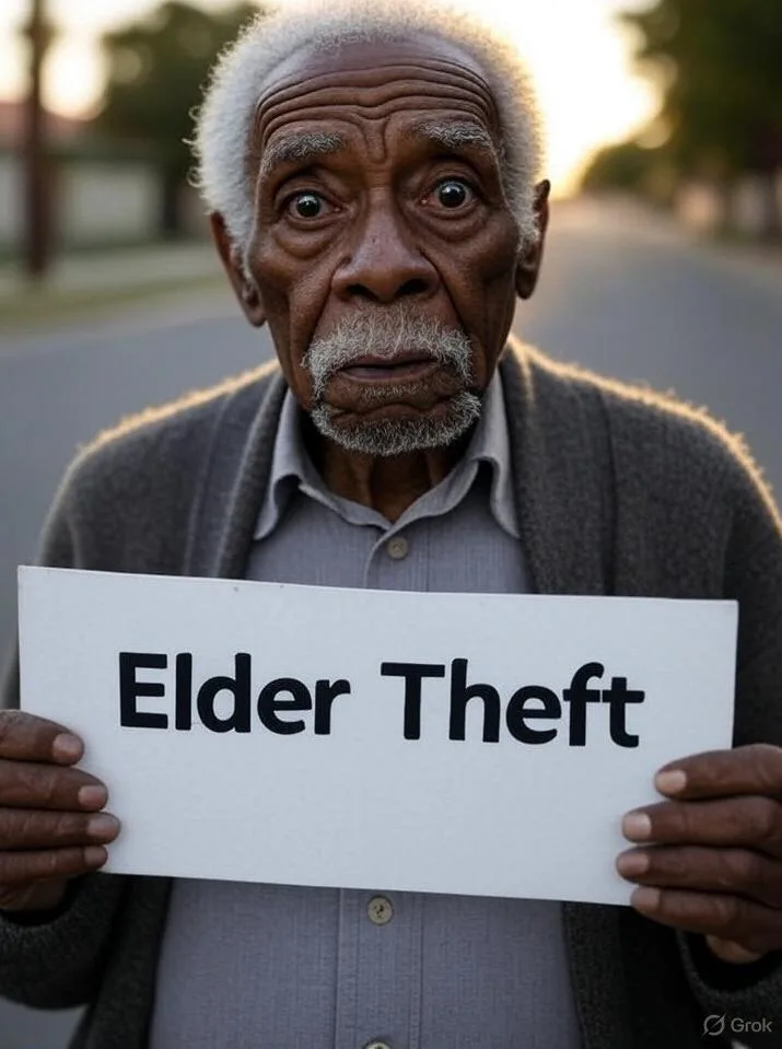 Elderly Black Man with 'Elder Theft' Sign - via GrokAI