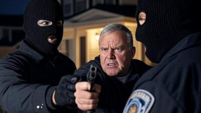 Houston home owner and 2 fake cops in masks - via GrokAI