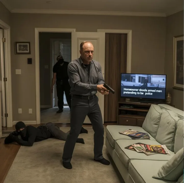 Houston home owner and 2 fake cops in masks - via eur