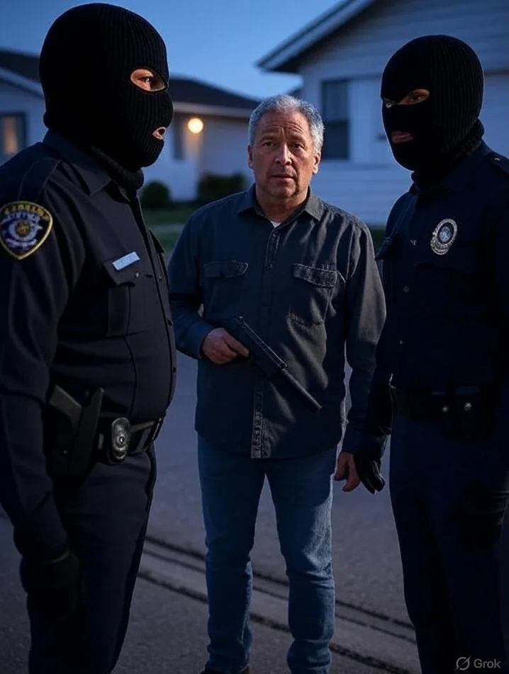 Houston home owner and 2 fake copes in masks - via GrokAI