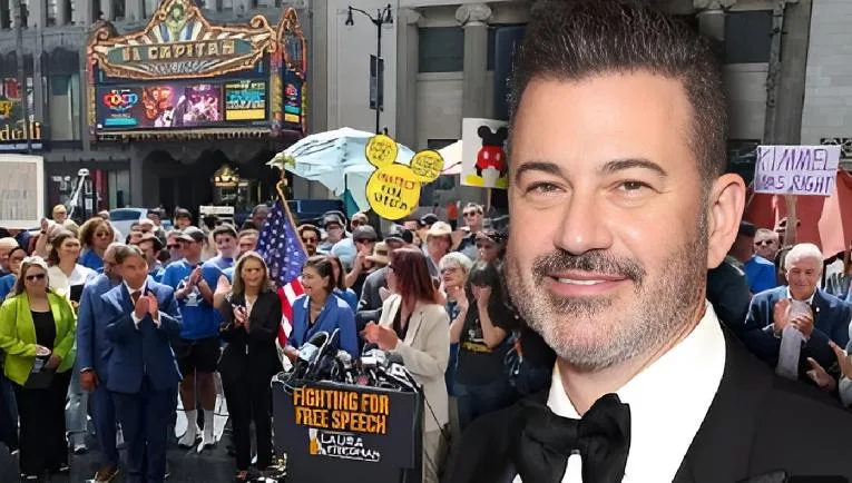 Jimmy Kimmel and crowd in front of El Capitan theater - screenshot