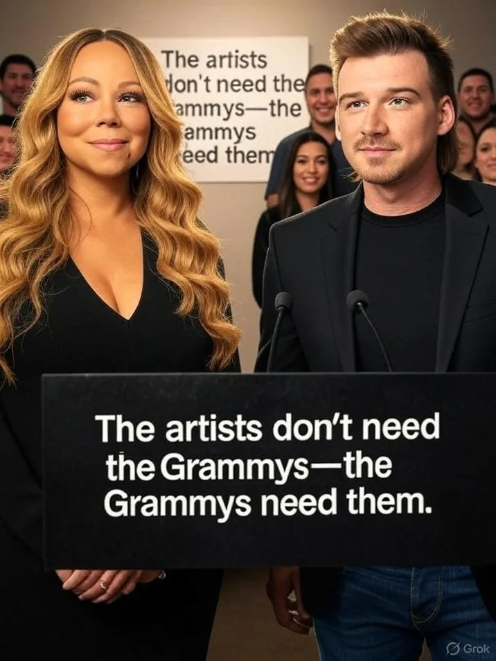 Mariah Carey and Morgan Wallen (w/sign: 'The artists don&rsquo;t need the Grammys&mdash;the Grammys need them!') - via GrokAI